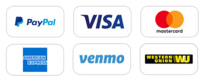 PayPal, Visa, Master Card, American Express, Venmo and Western Union payment logos